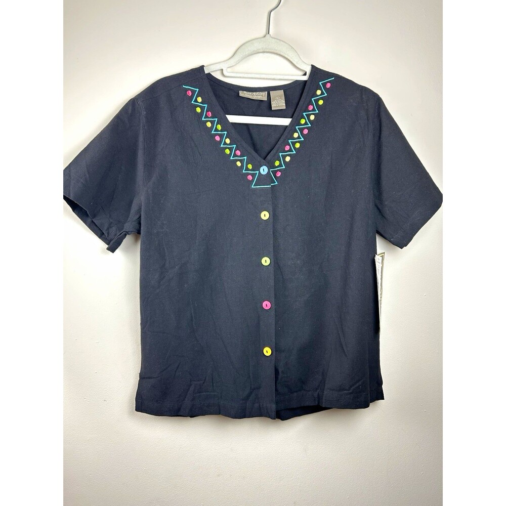 VTG 90s Jane Ashley L Black 100% Cotton Retro Embroidered V-Neck Buttoned Blouse